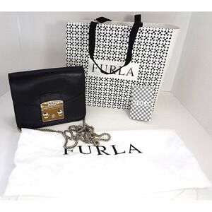 Furla Metropolis Black‎ Leather Crossbody Mini Chain Shoulder Bag Dust Bag NWOT